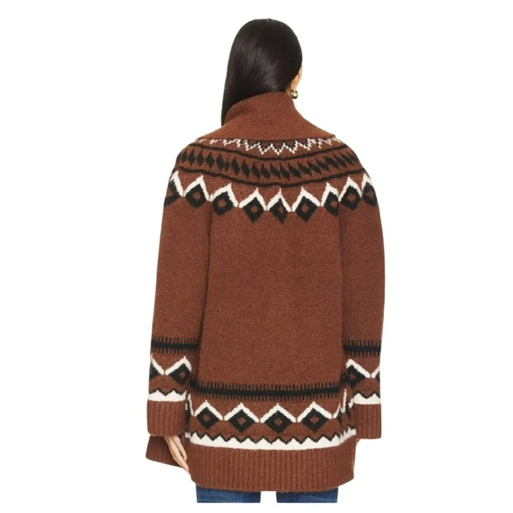 New House Of Harlow Denisia Fairisle Shawl Cardigan Medium Rust Aztec - Picture 3 of 10